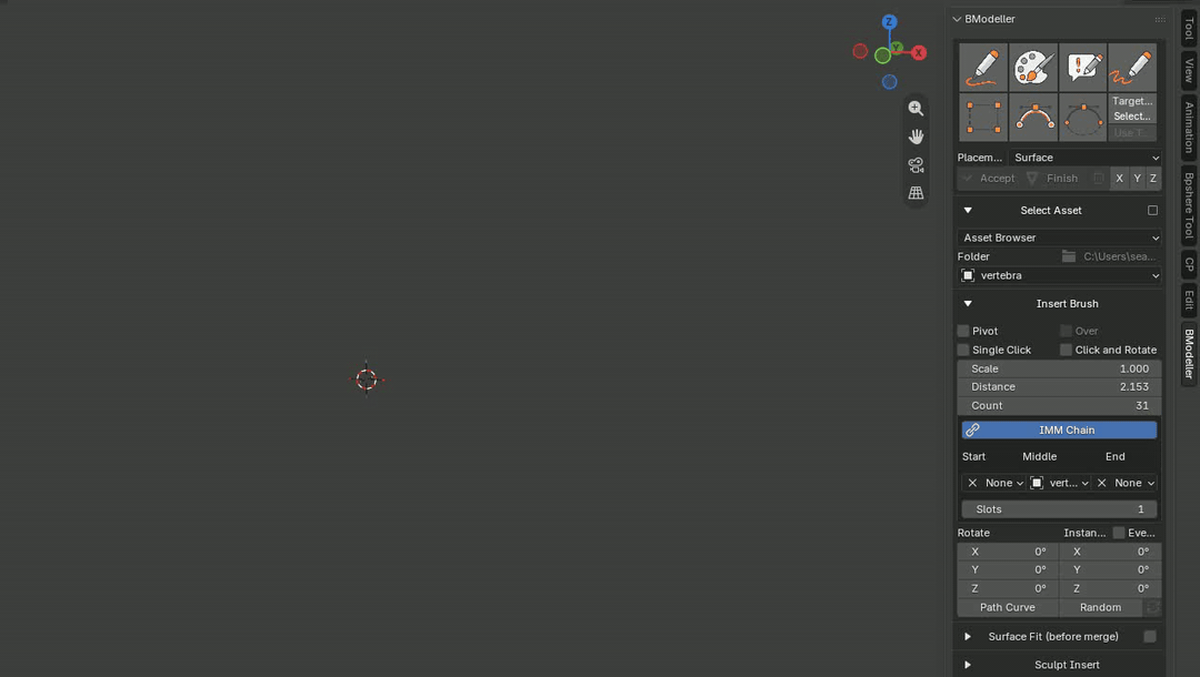 BModeller: IMM Chain: varied objects on a path