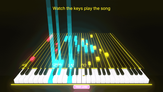 A keyboard playing a song by itself in the Cyber Yellow look, notes gliding down a neon runway, a sticker on the front of the piano