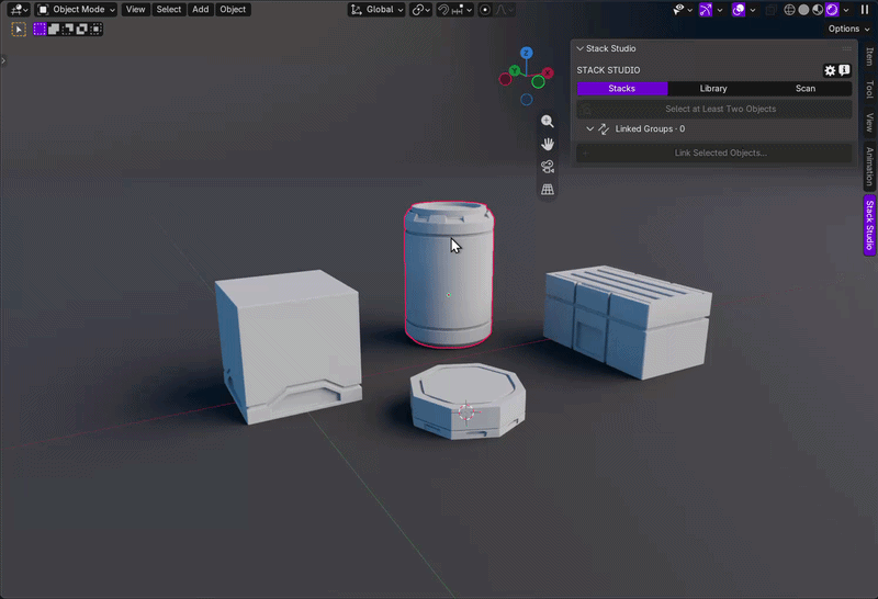 Stack Studio quickly comparing modifier stacks across selected Blender objects.