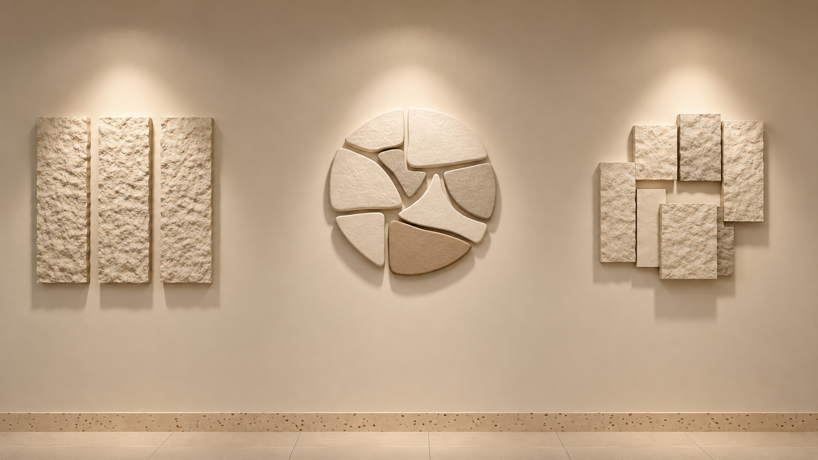 Stone-inspired wall reliefs with linear, circular and overlapping forms