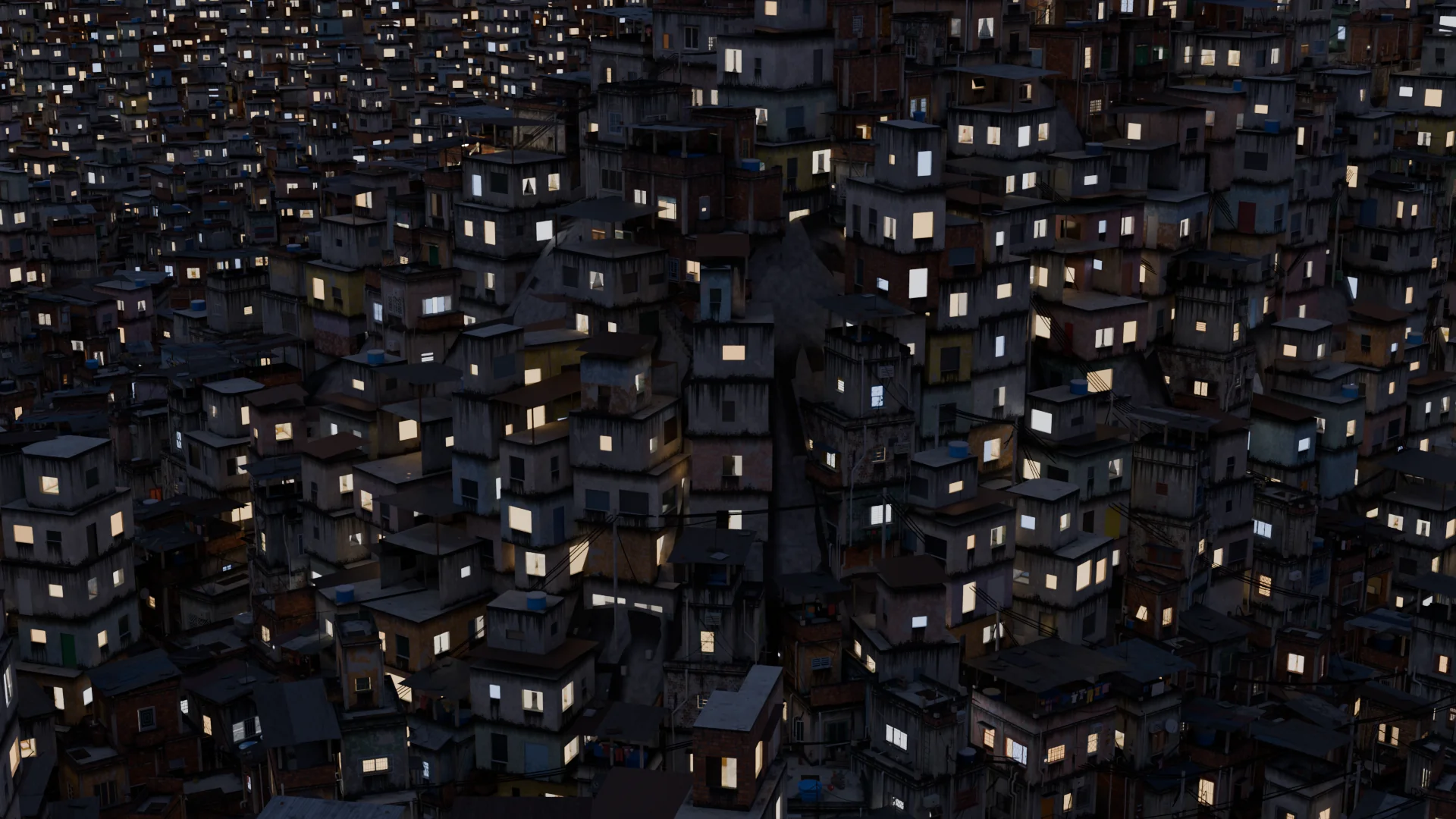 The hill at night with lit windows
