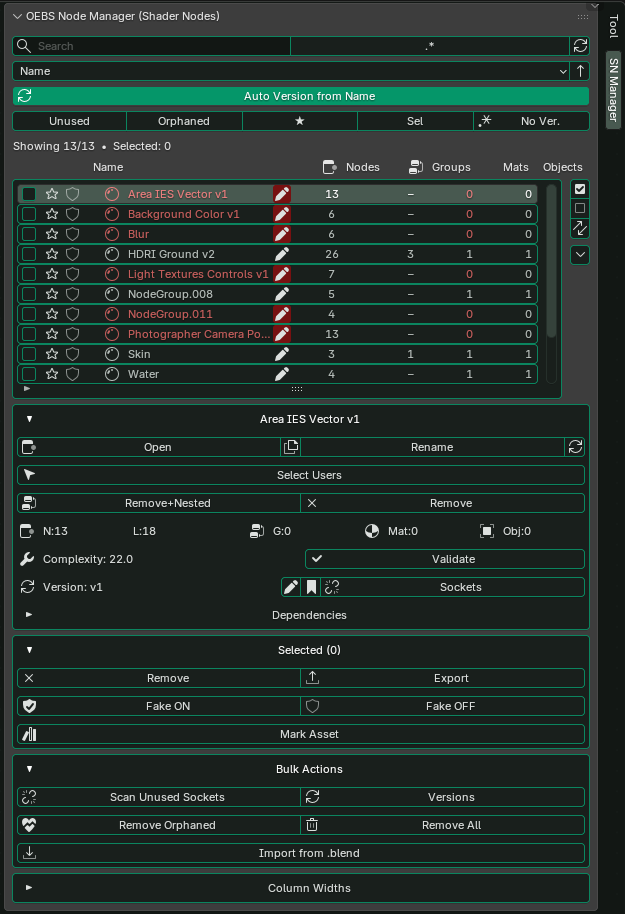 Shader Nodes Manager interface