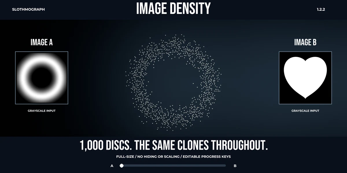 Actual Blender animation: grayscale ring (A) → heart (B) → ring. The same 1,000 full-size discs stay visible throughout. The bar follows editable Progress keys. This native example uses artist-adjusted endpoint correspondence to maintain spacing.