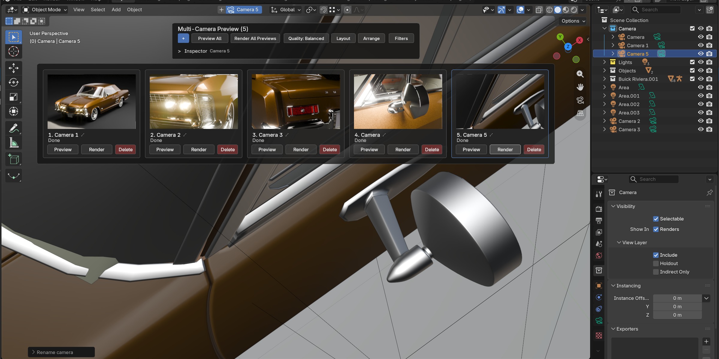 Five-camera visual board in the Blender 3D Viewport