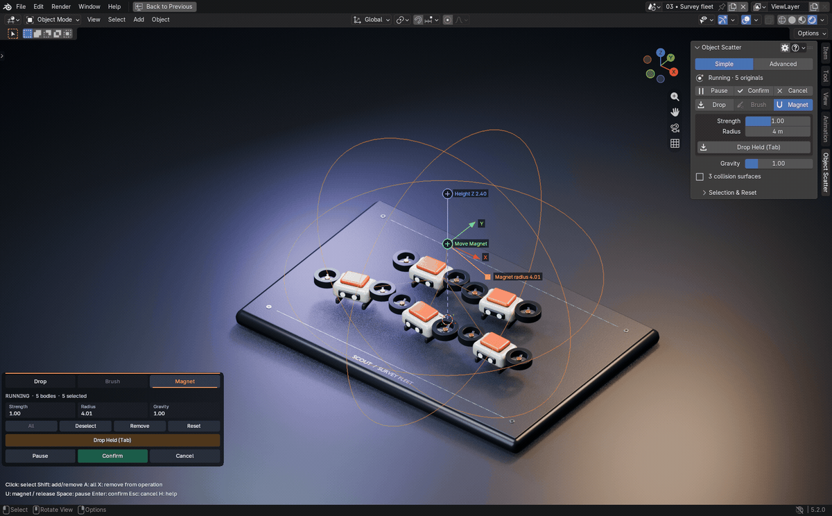 Magnet animation: five complete drone assemblies gather, follow the target and release to settle.