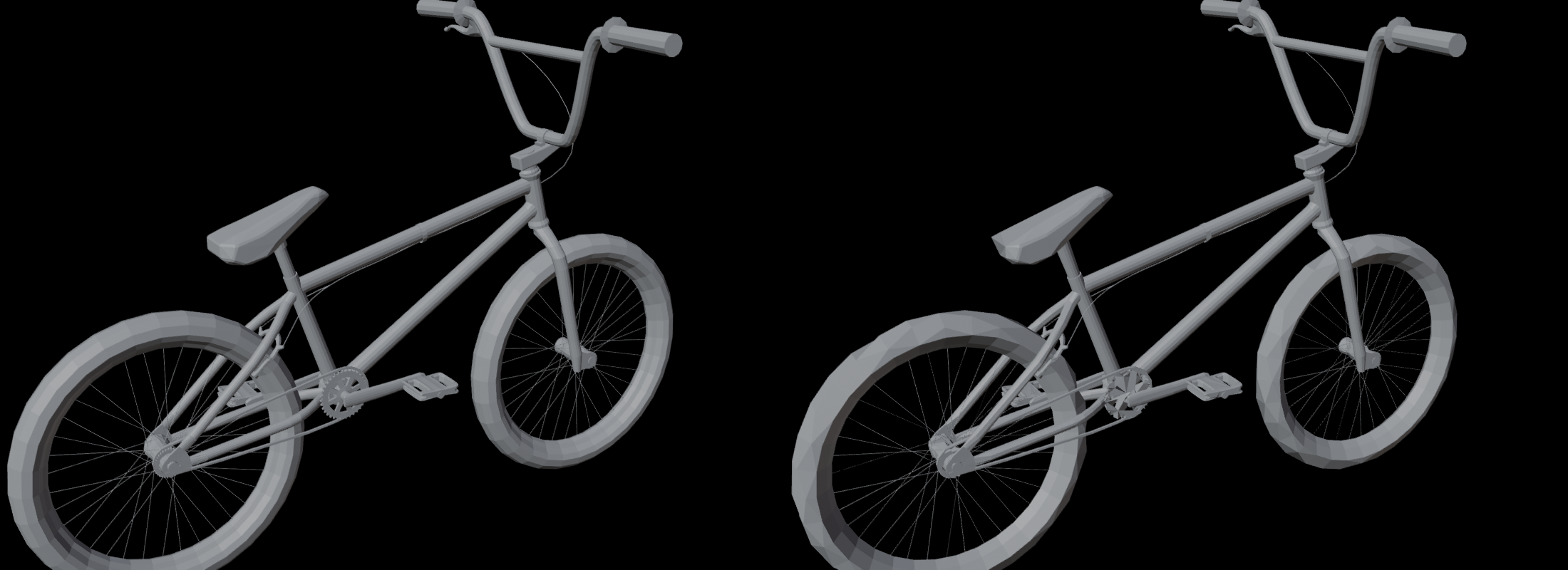 A BMX bike rendered twice: 21,510 triangles on the left, 10,000 on the right, looking the same