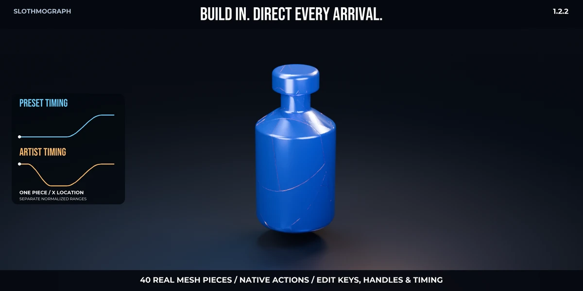 40 real product fragments. A generated Build In Action becomes an artist-directed opening, hold and assembly. The dots follow the real preset and edited X-location curves of one piece.