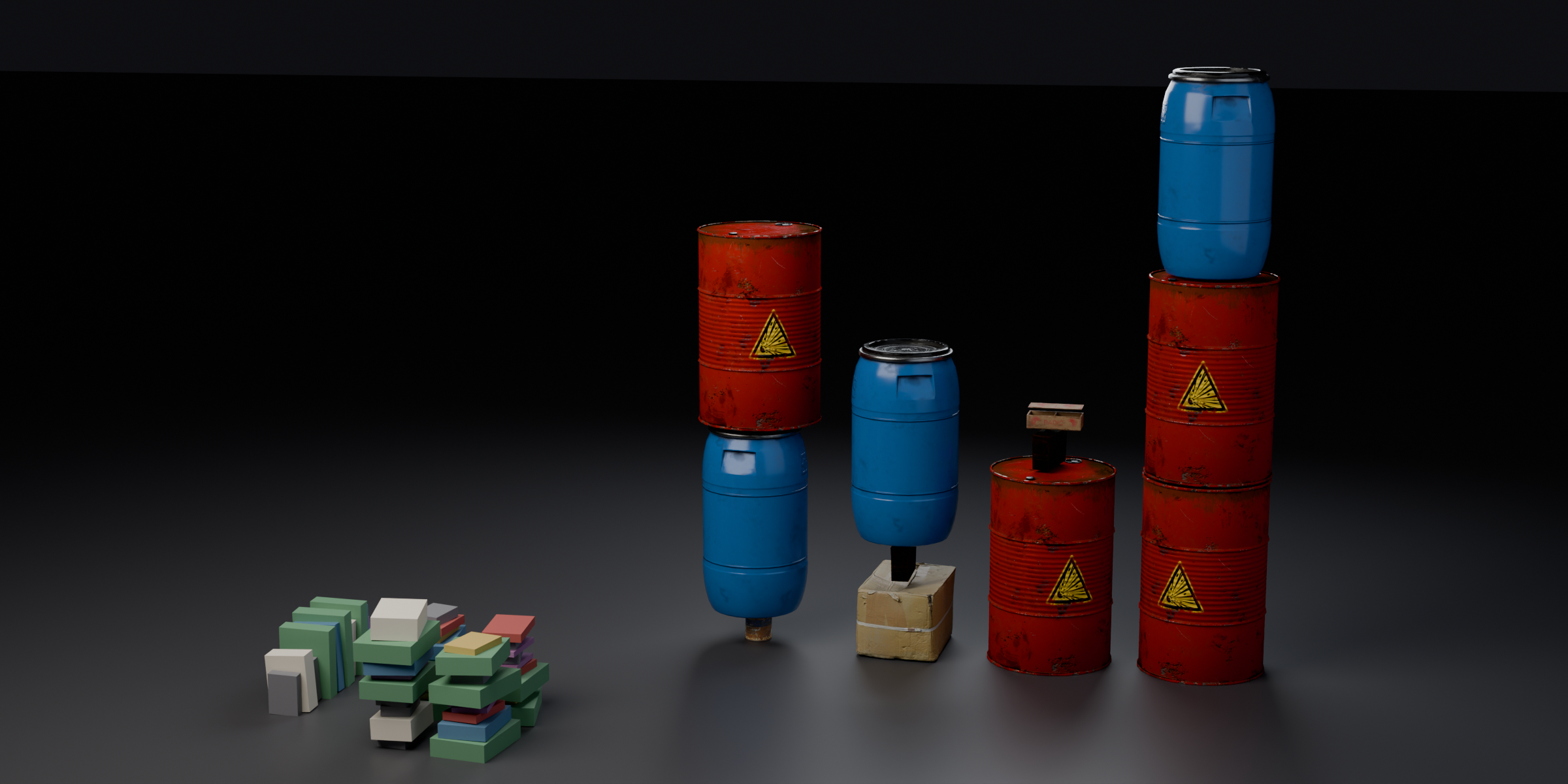 Books, cardboard boxes, oil drums and cans stacked side by side