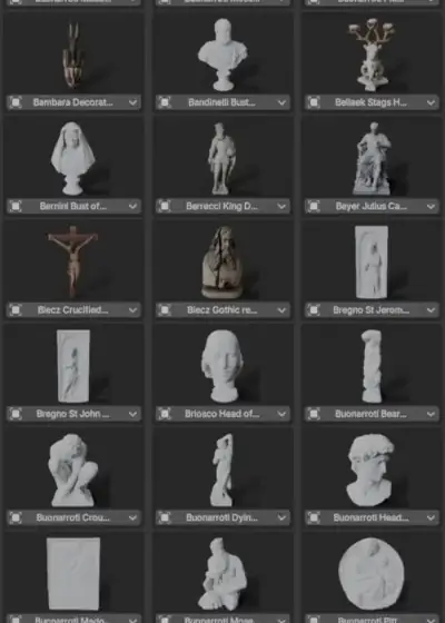 Examples of various assets from sculptures category