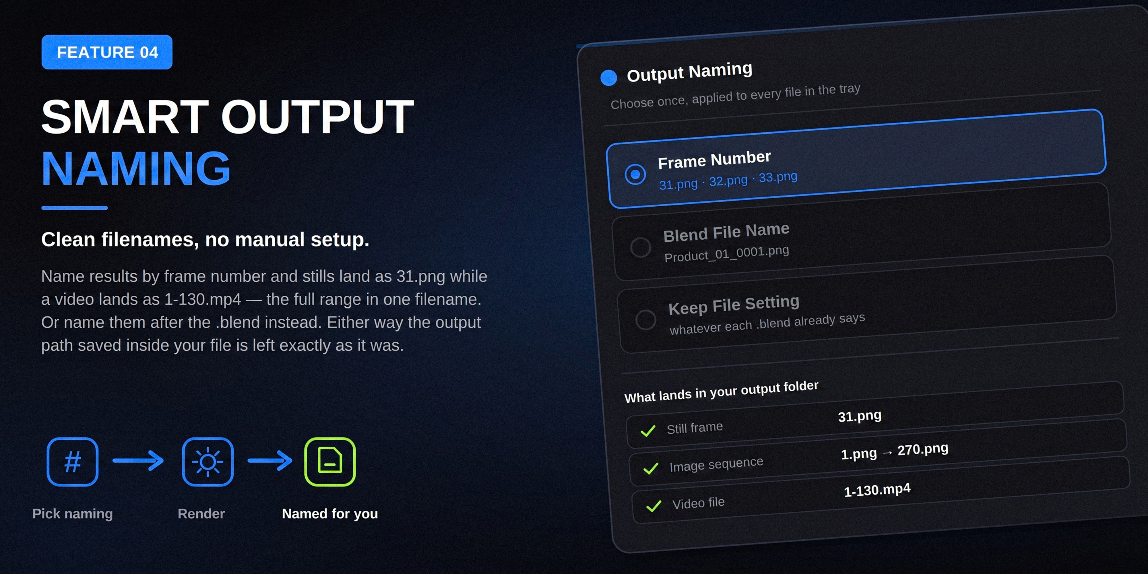 Smart output naming — clean filenames, no manual setup