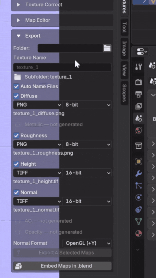 Choose export formats and bit depths for individual maps.