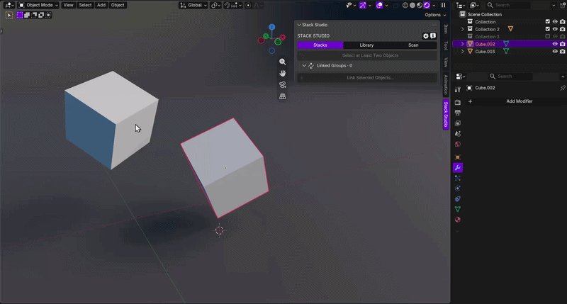 Stack Studio Live Sync updating a linked Blender object after the source modifier changes.