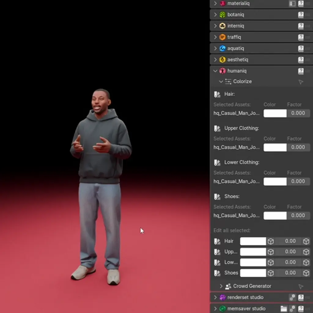 Showcasing the colorize feature of humaniq assets