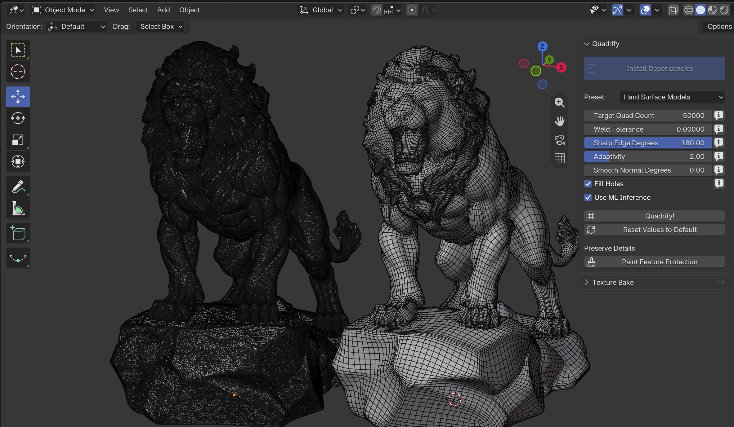 Quadrify Blender retopology before and after demonstration