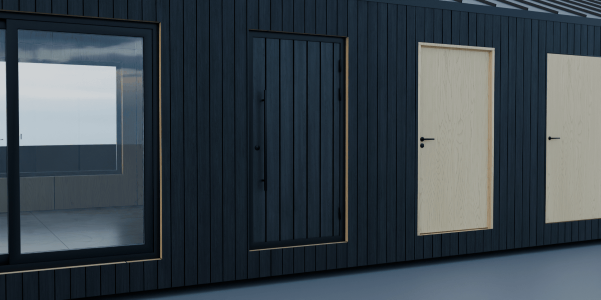One opening steps through the six built-in windows and doors