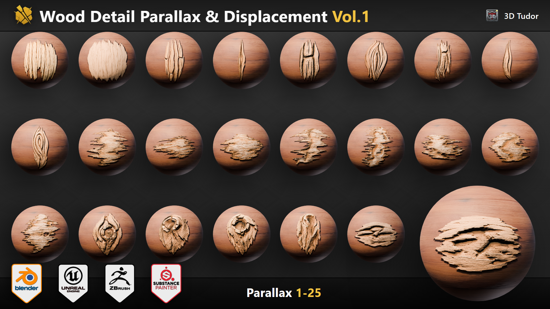 Wood detail brush designs 1 to 25 for environment and prop wood surfaces