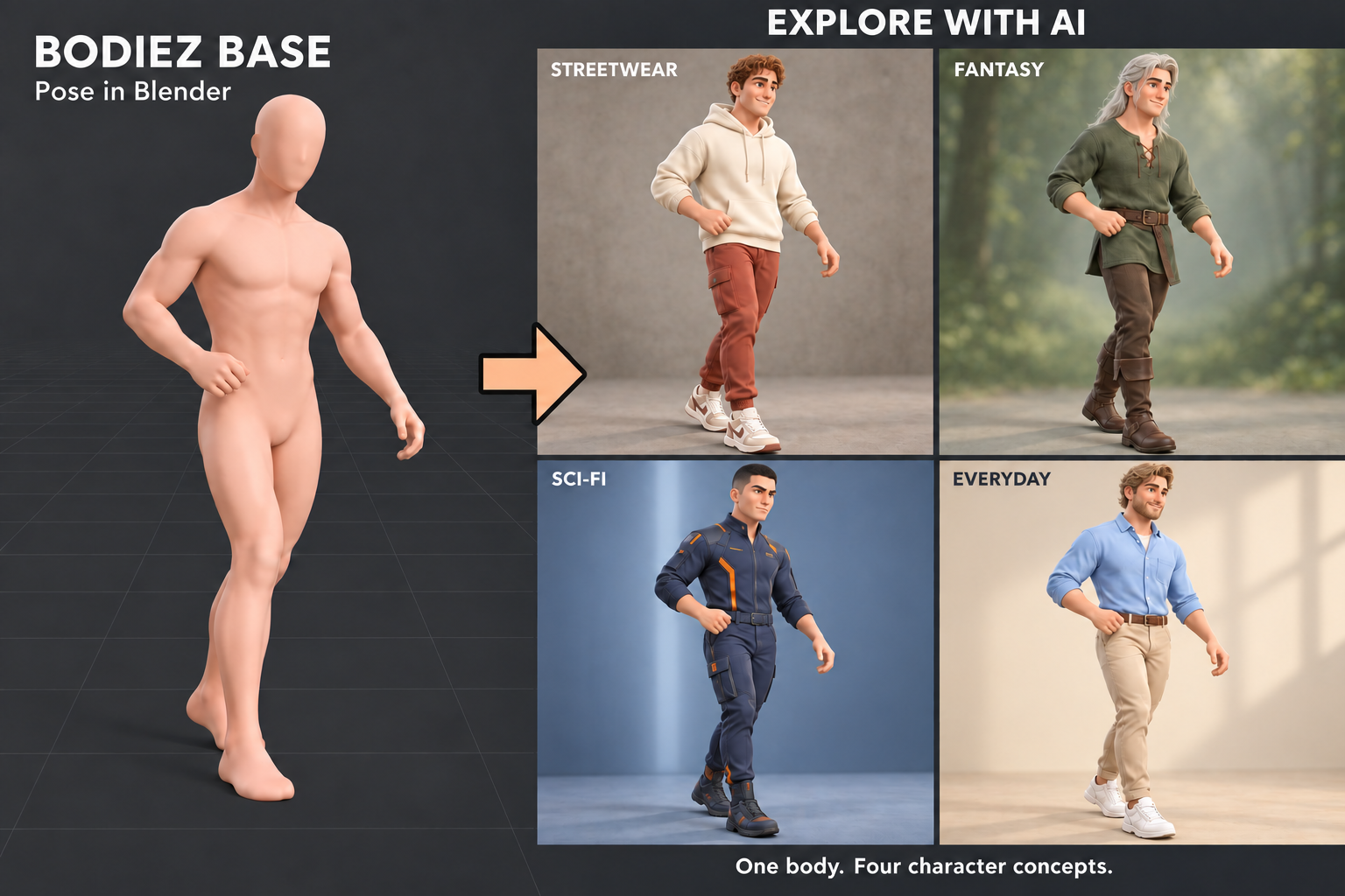 Posed Bodiez base mesh beside four AI character concepts: streetwear, fantasy, sci-fi and everyday