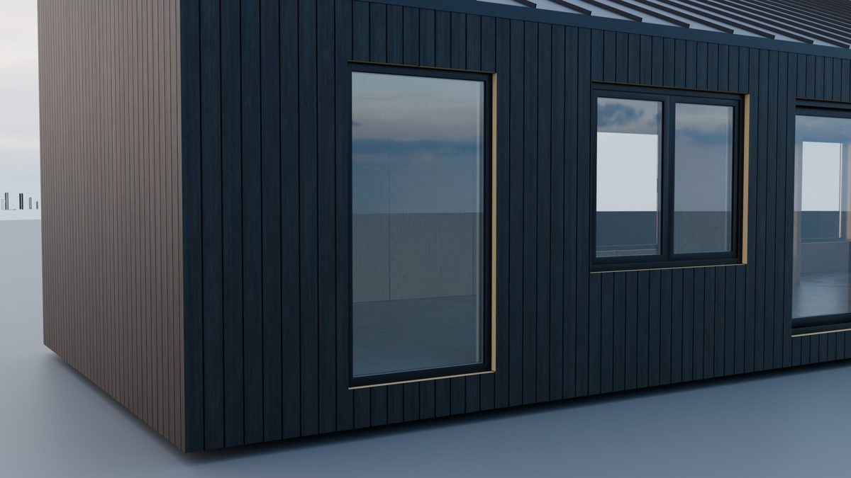 Fixed window in a charred timber wall