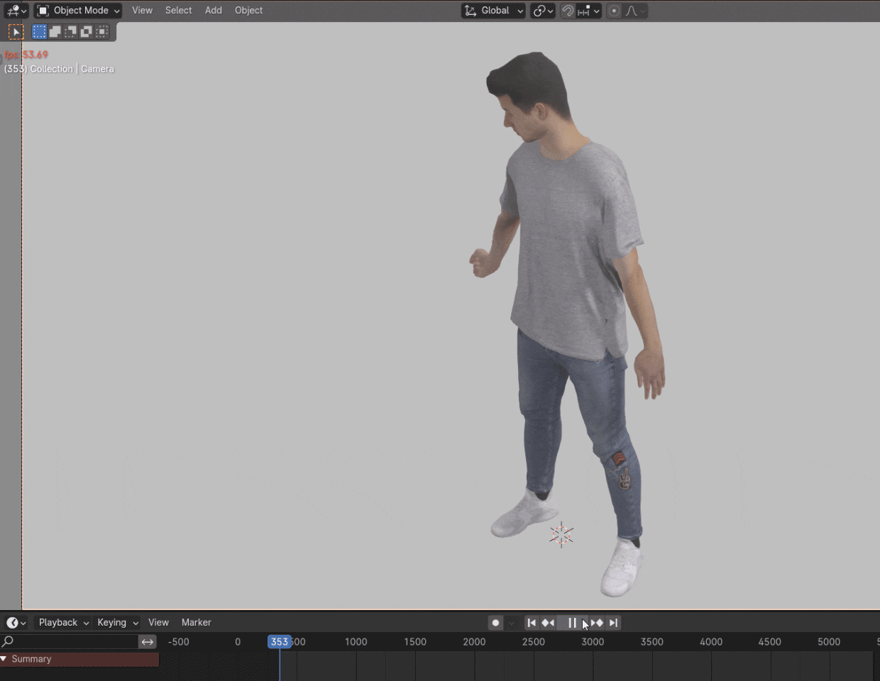 Blender screenshot of dancing character, intially slower, but Proxy Plus generates a broken-up version of character mesh that runs faster