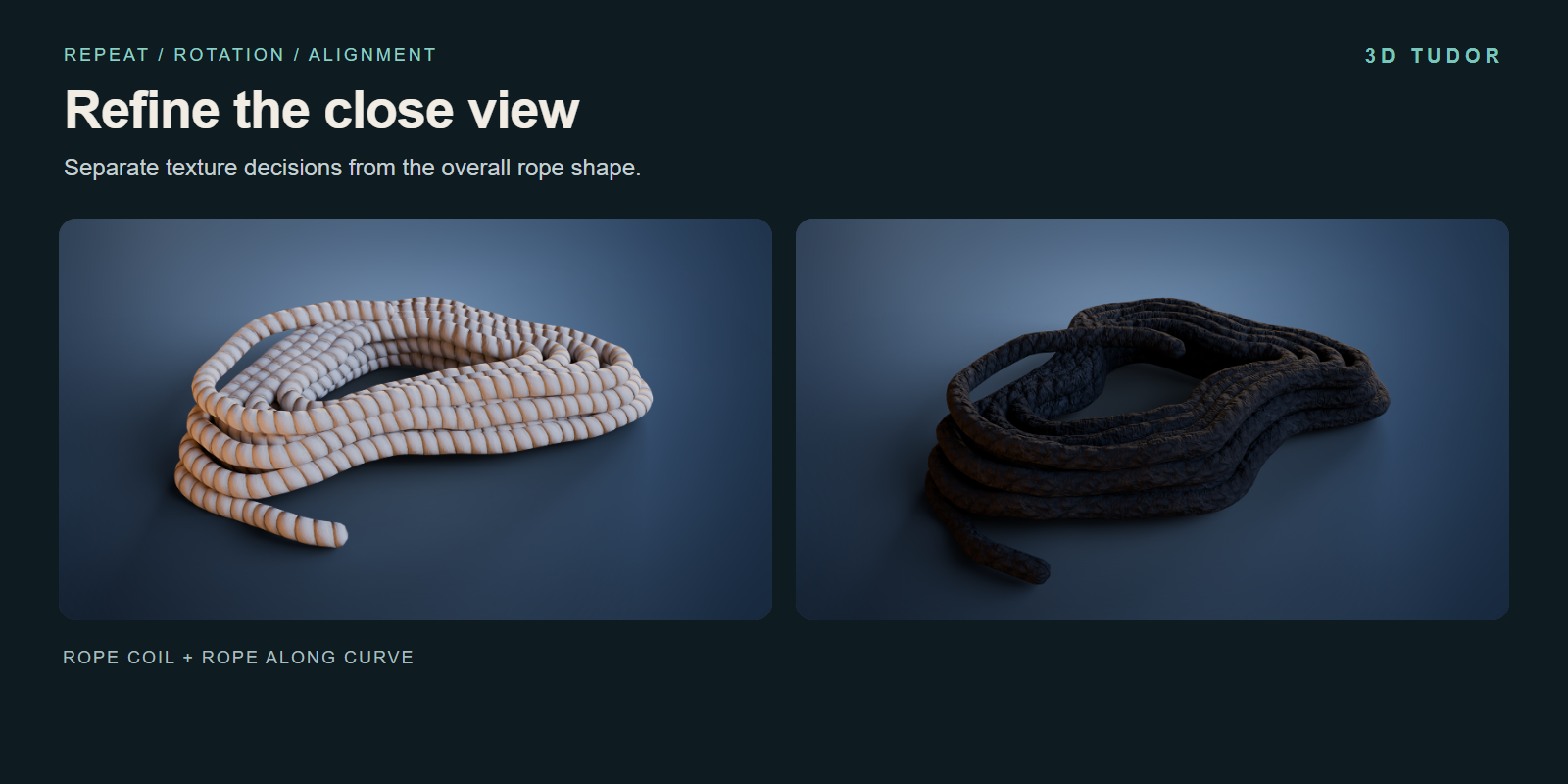 Pale striped rope coil beside a dark weathered irregular coil, showing contrasting surface patterns.