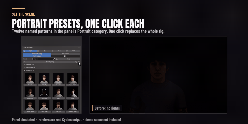 Clicking through the Portrait lighting presets in the Set the Scene panel