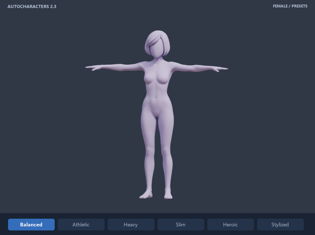 Female body preset variations in Blender