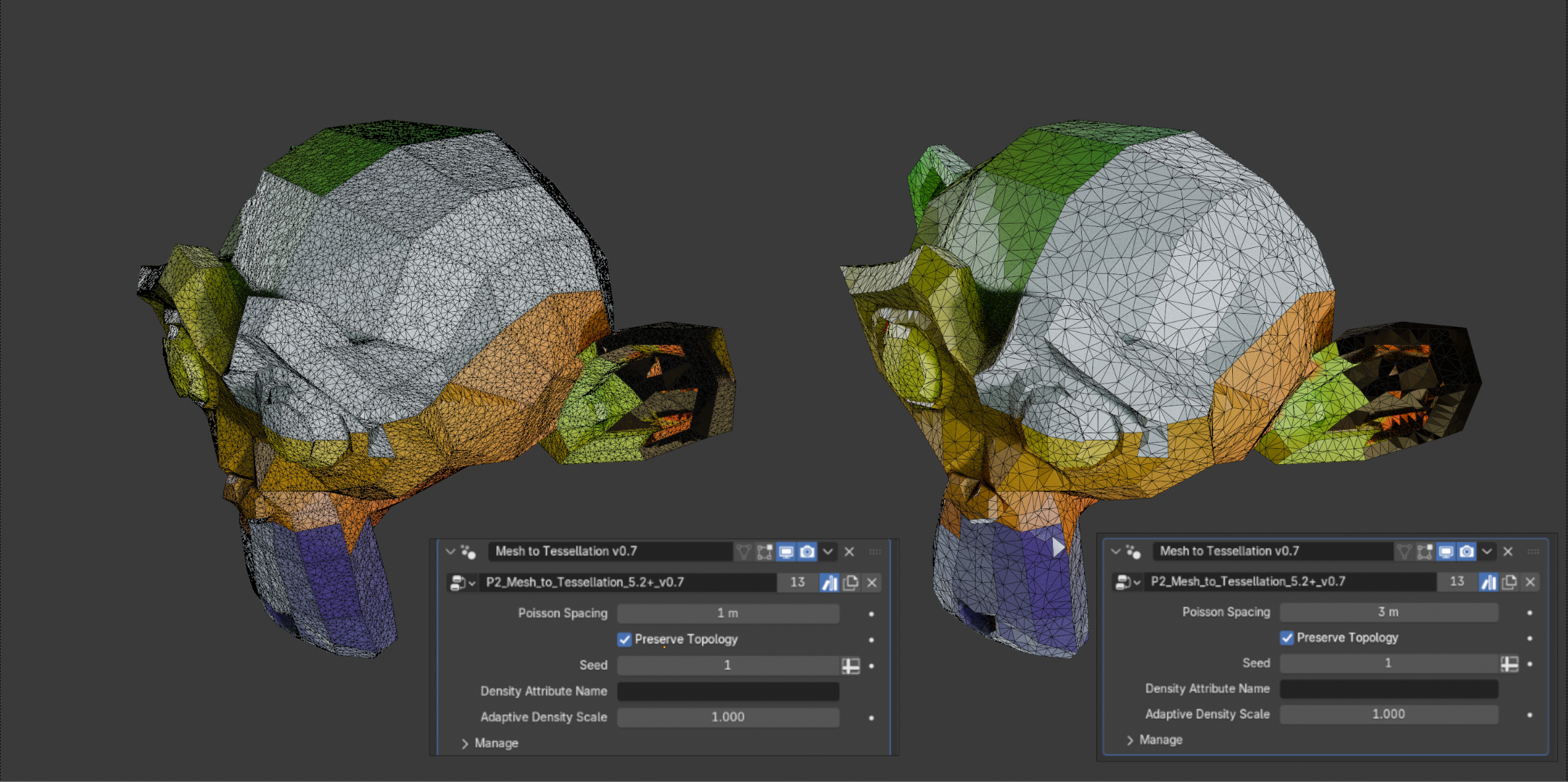 Poisson Spacing comparison: 1 on the left and 3 on the right, with both modifier panels shown