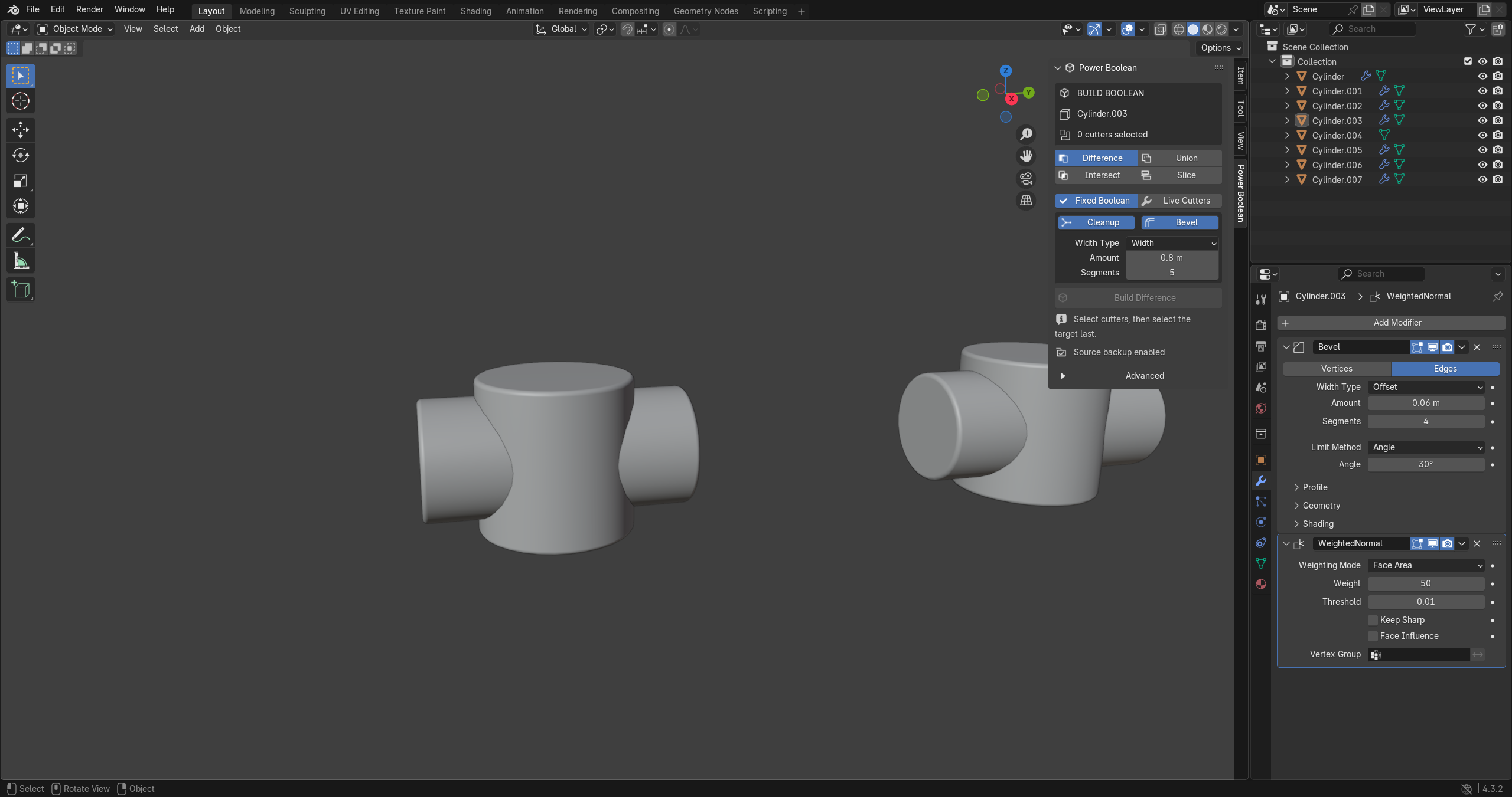 Power Boolean Build panel with operation, workflow, cleanup and bevel controls