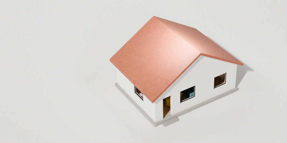 A small house: the roof and the front walls are cut away and the two furnished rooms appear