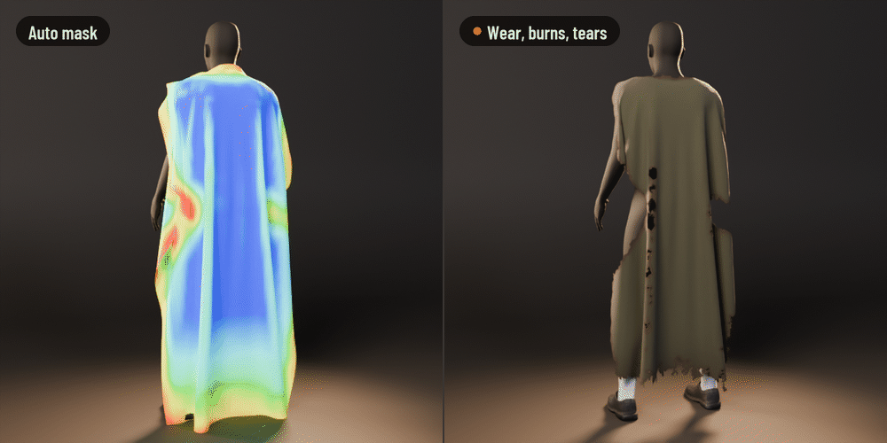 A wool cape from behind: the Auto Mask in weight colours, and the cape wearing and tearing where it is