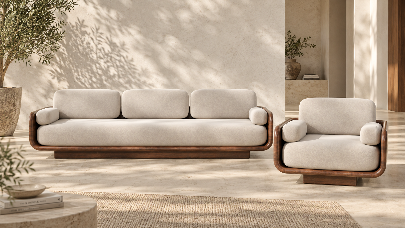 Modern wood frame sofa and armchair furniture set