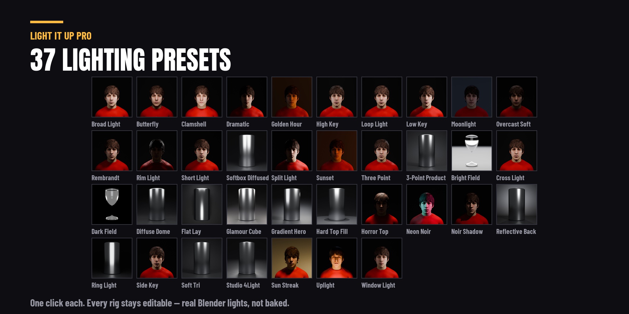 All 37 lighting presets as rendered thumbnails
