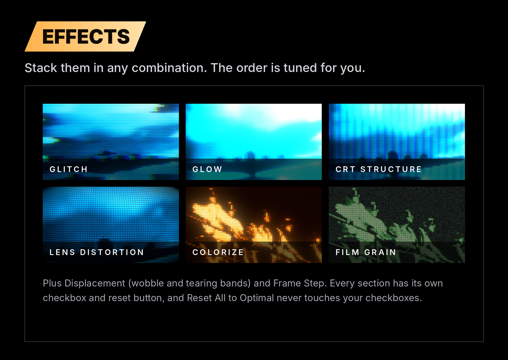 Effects: glitch, glow, CRT, lens, displacement and film grain