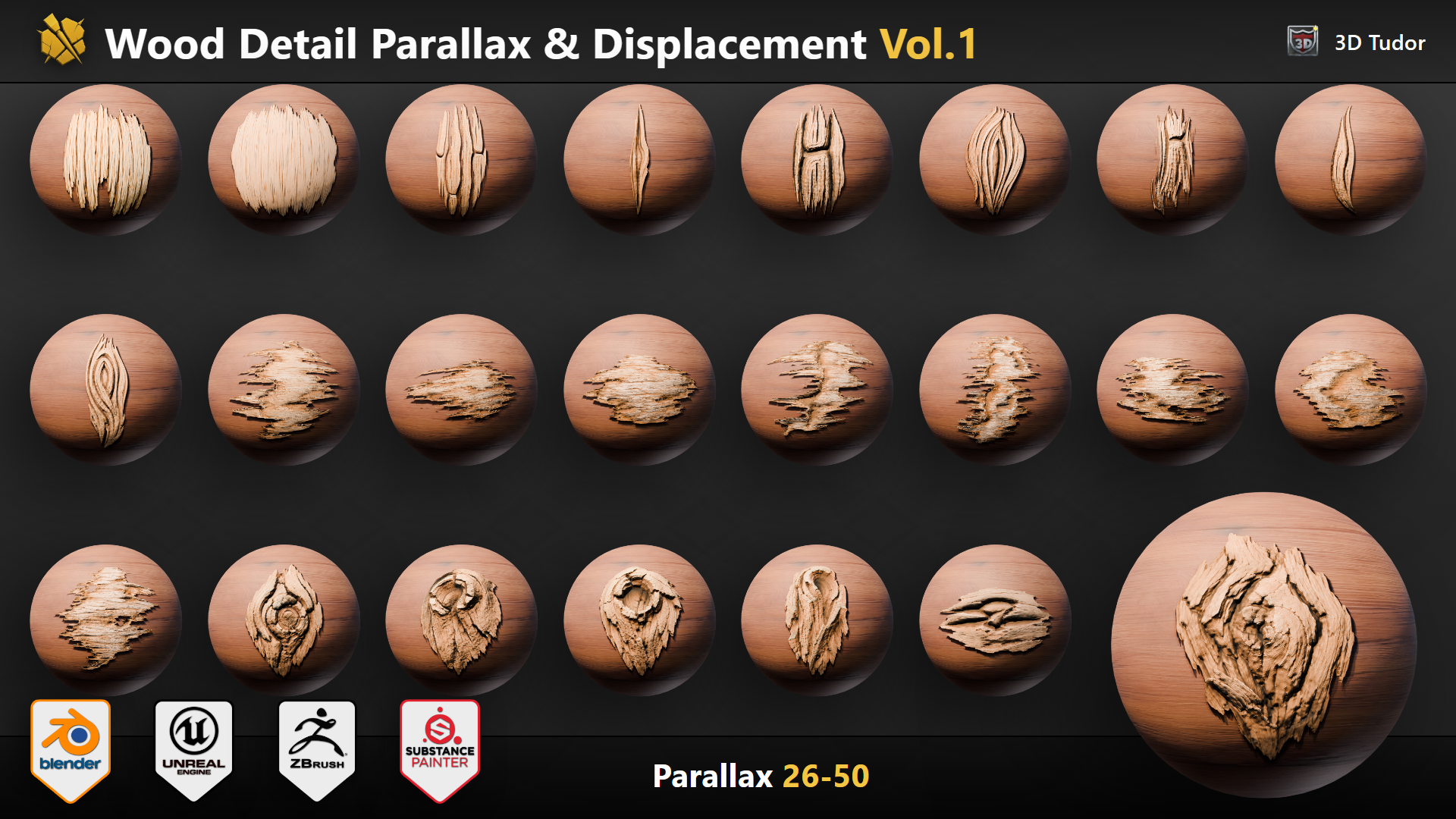 Wood detail brush designs 26 to 50 for environment and prop wood surfaces
