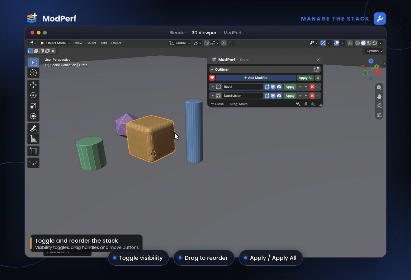 Toggling visibility and reordering modifiers
