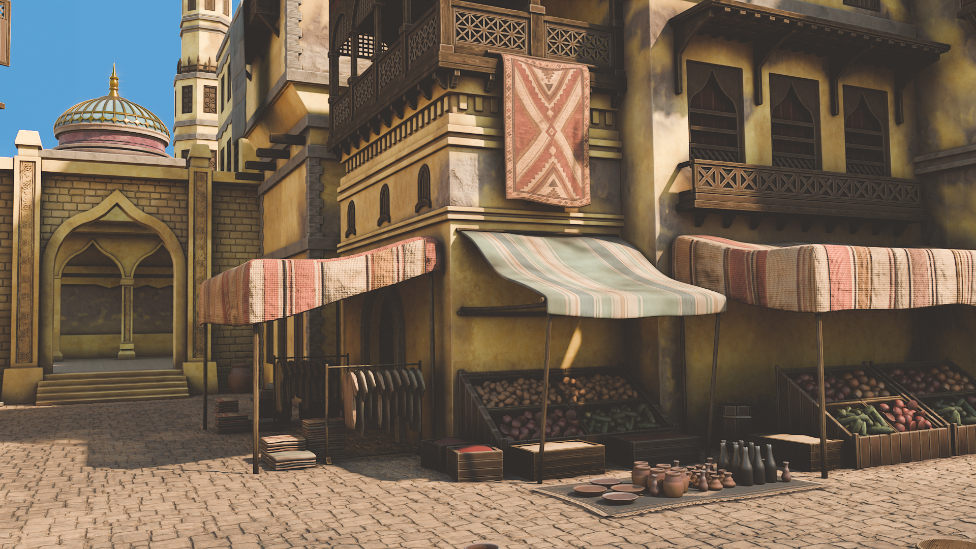 Close up of stylized Arabian market architecture with balconies cloth canopies stalls and pottery in Blender