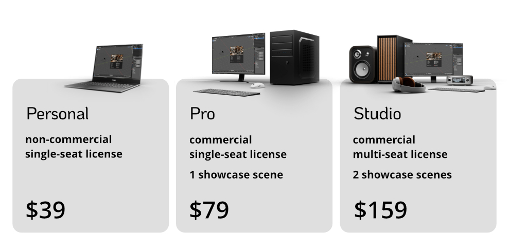 Pricing: Personal $39, Pro $79, Studio $159