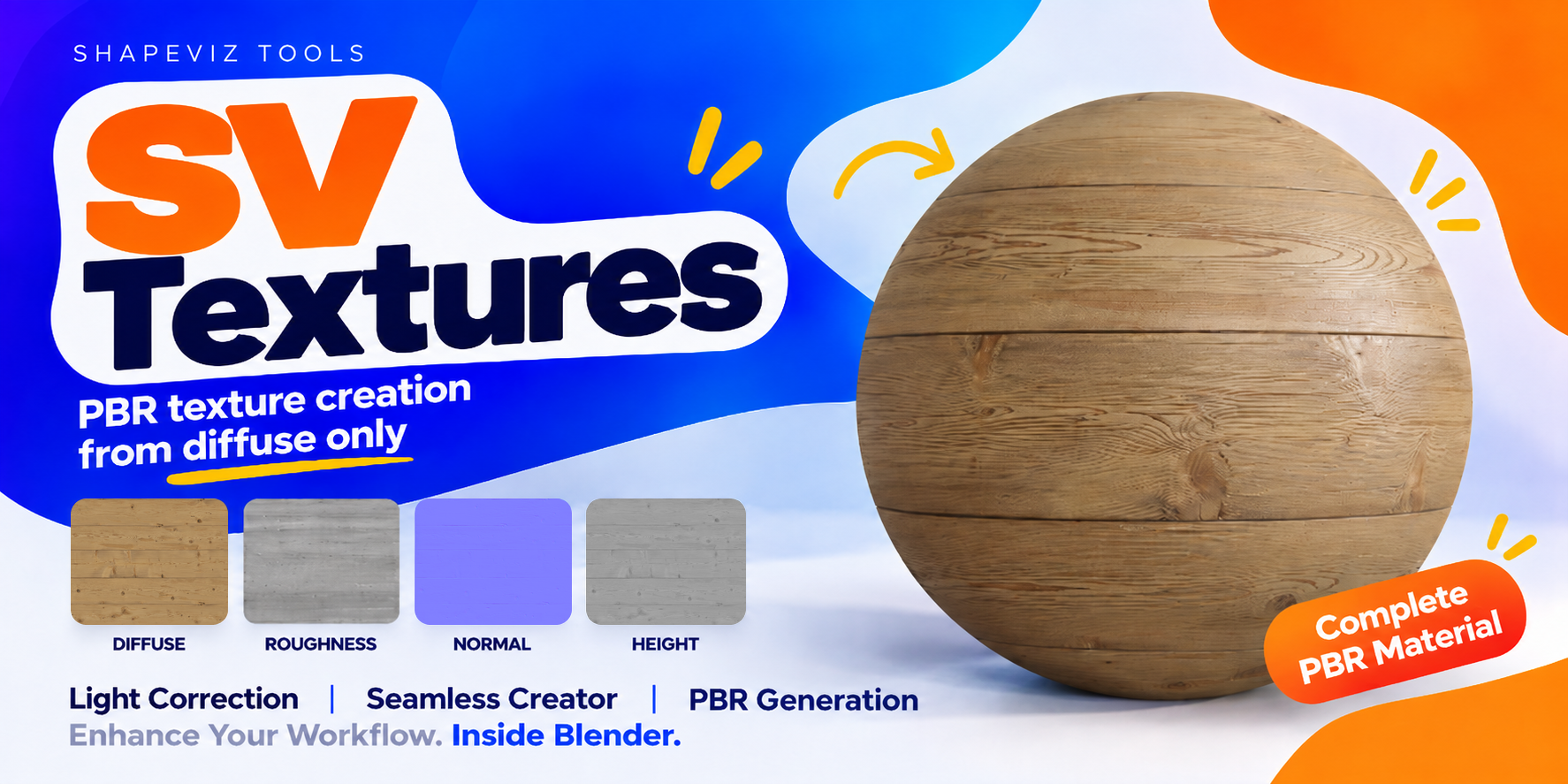 Shapeviz Tools — SV Textures. PBR texture creation from diffuse only, with light correction, seamless creation and PBR generation inside Blender.