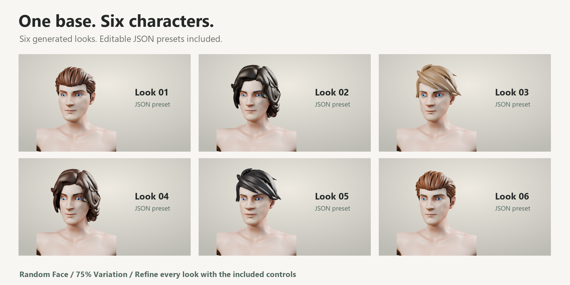 Six generated faces with included presets