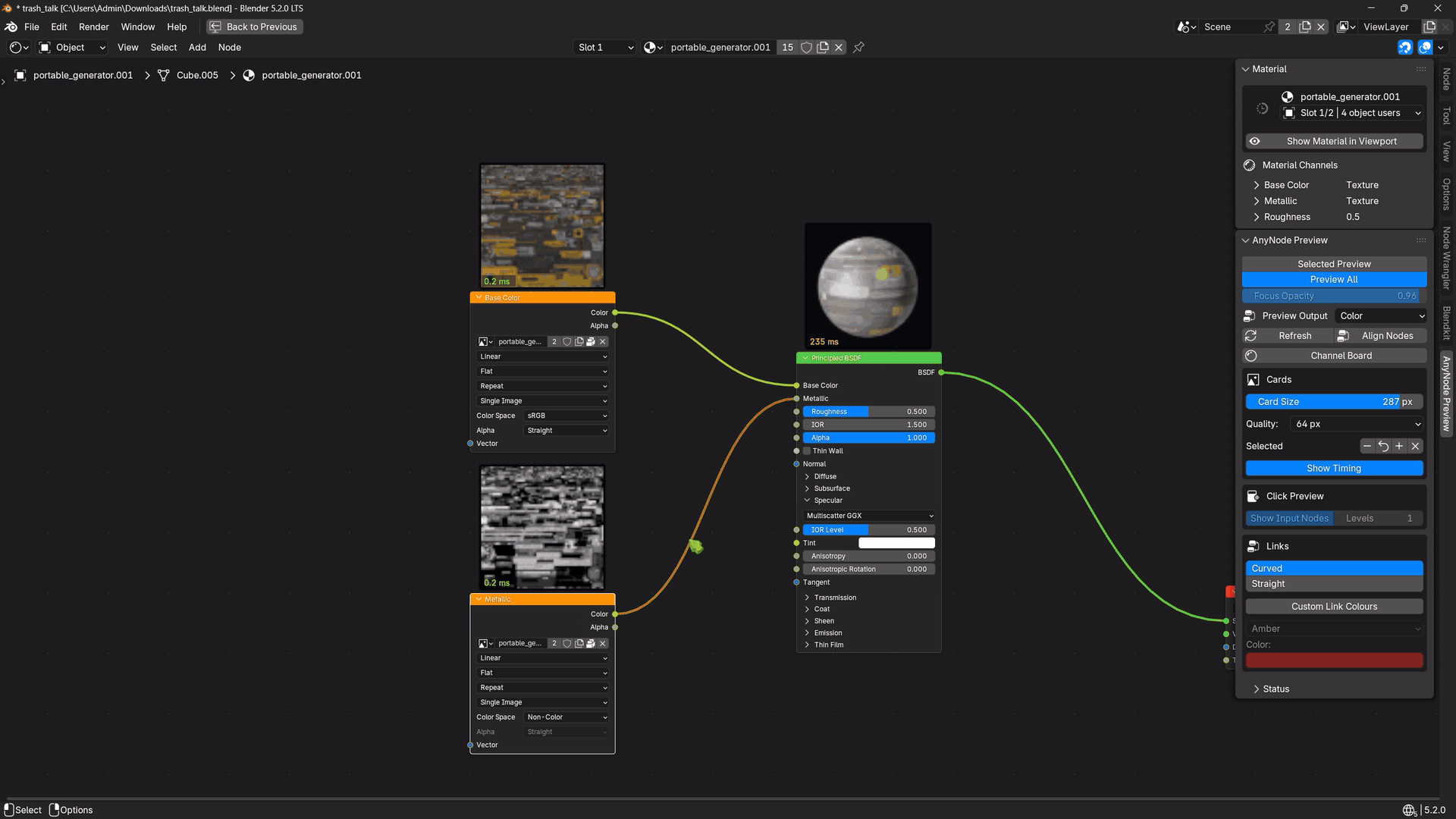Selected node preview highlighting the active node chain in Blender