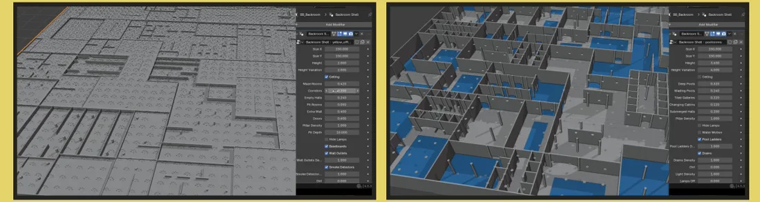 Customizing a Backrooms map in Blender through geometry nodes sliders - room size, corridors, ceilings and lighting