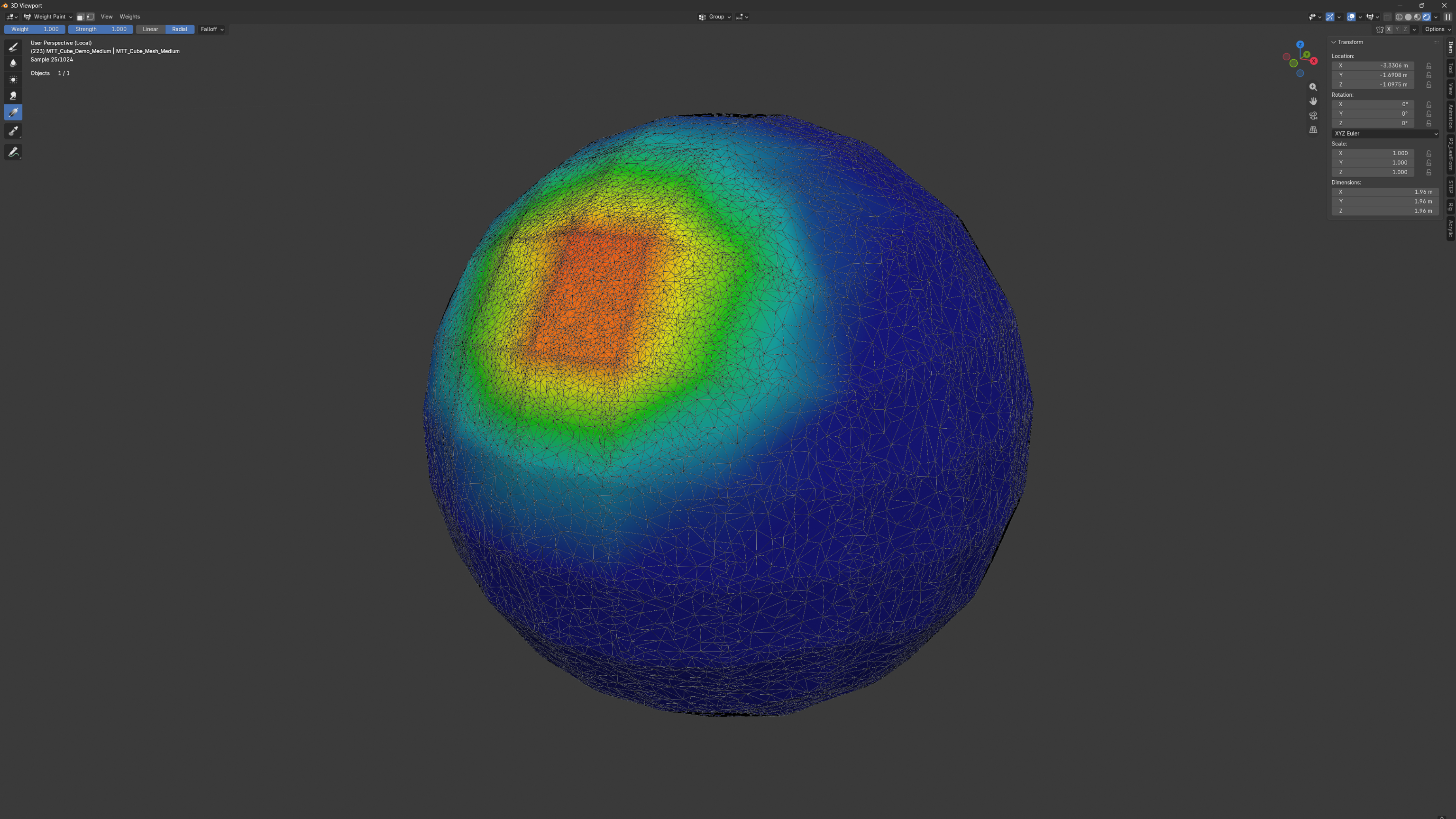 Density weights displayed on the tessellated surface, with warmer colors in the denser region