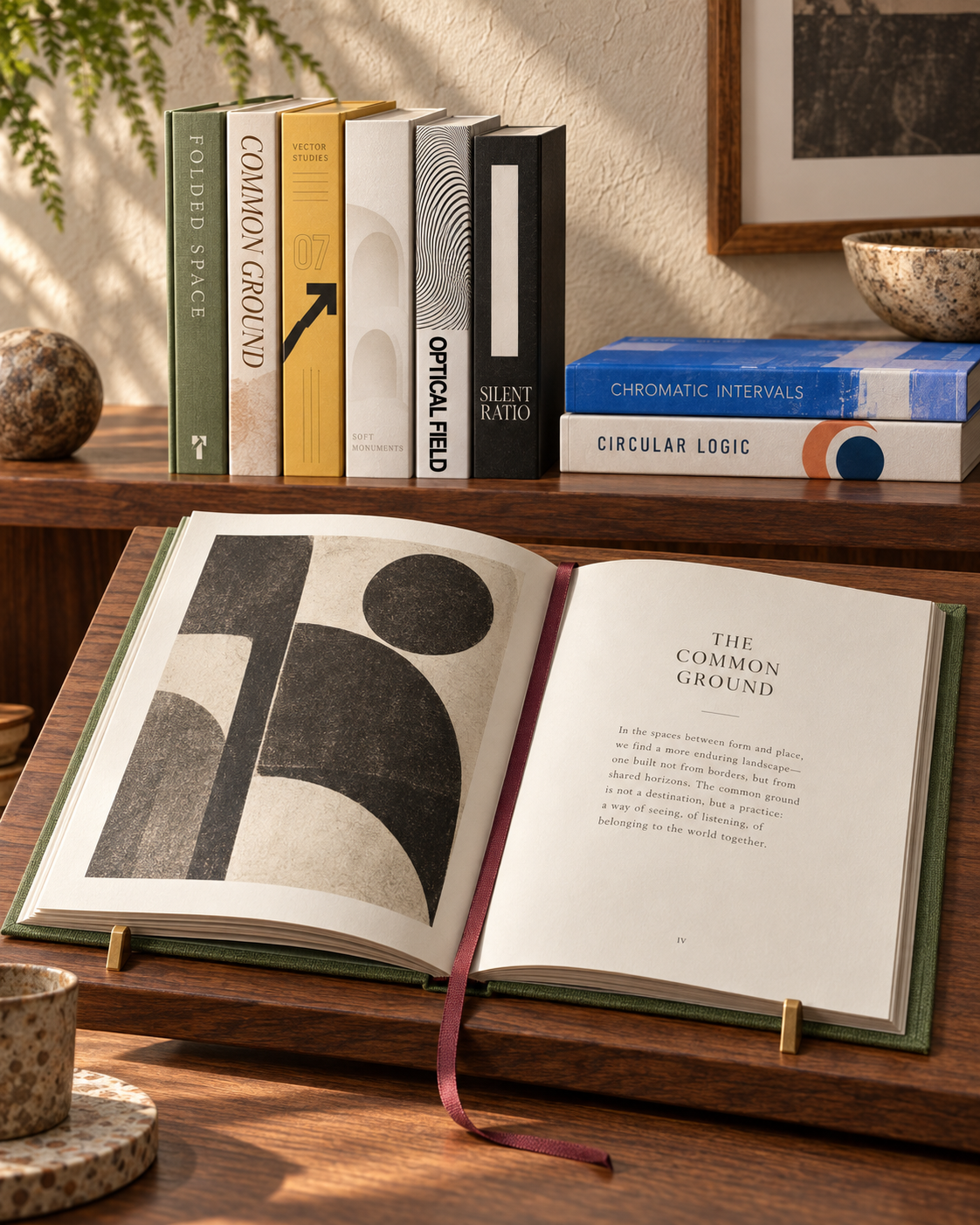 Art books and an open linen-bound volume on a walnut reading lectern