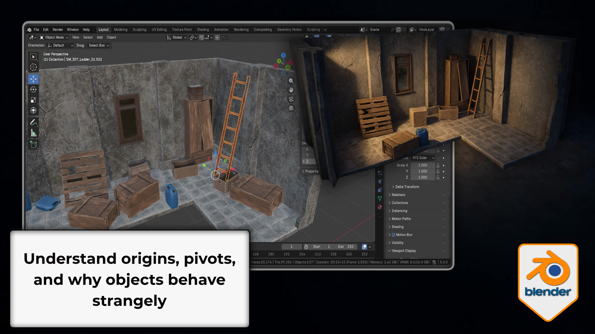 Object origins and pivot points shown on objects in a Blender scene
