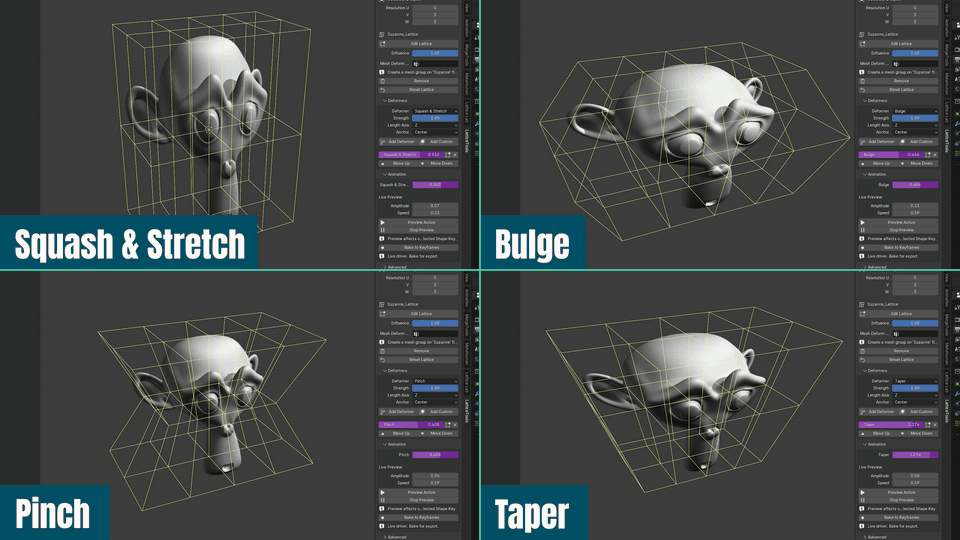 Four deformers running side by side: Squash and Stretch, Bulge, Pinch and Taper