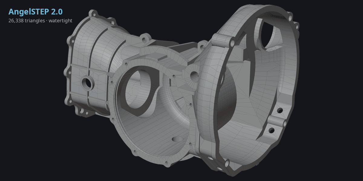 AngelSTEP 2.0 mesh of a gearbox casting with close-ups of its structured quad rows