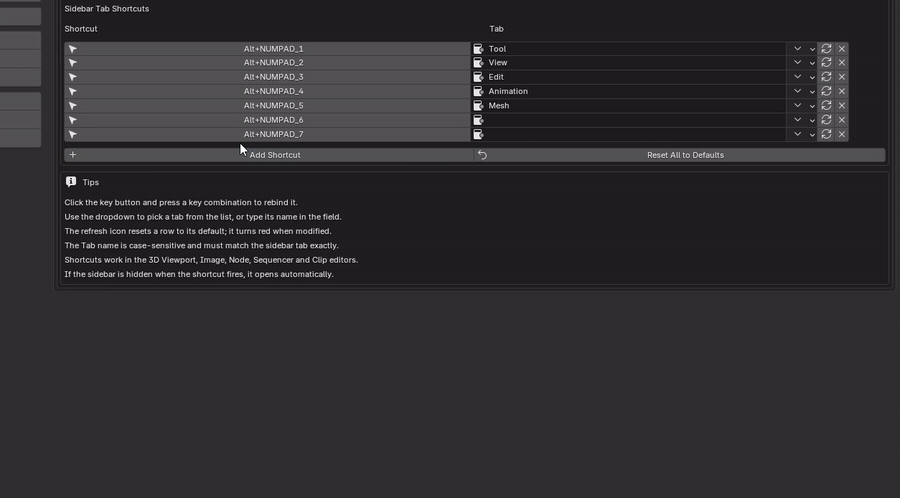 Adding and rebinding shortcuts
