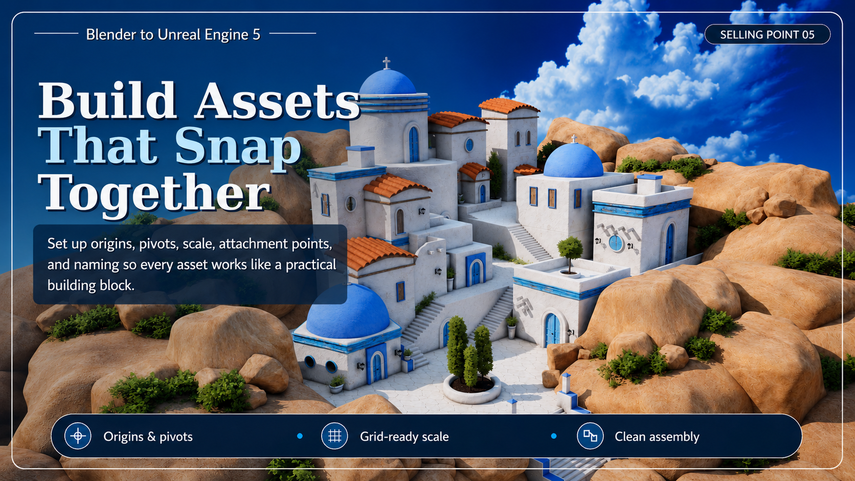Greek island building assets that snap together using clean origins pivots and grid ready scale