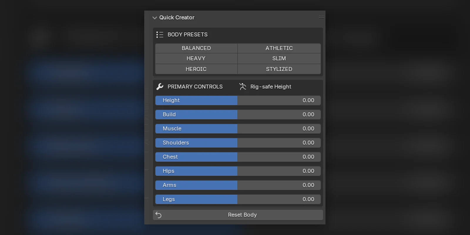 AutoCharacters Quick Creator interface with body presets and primary sliders