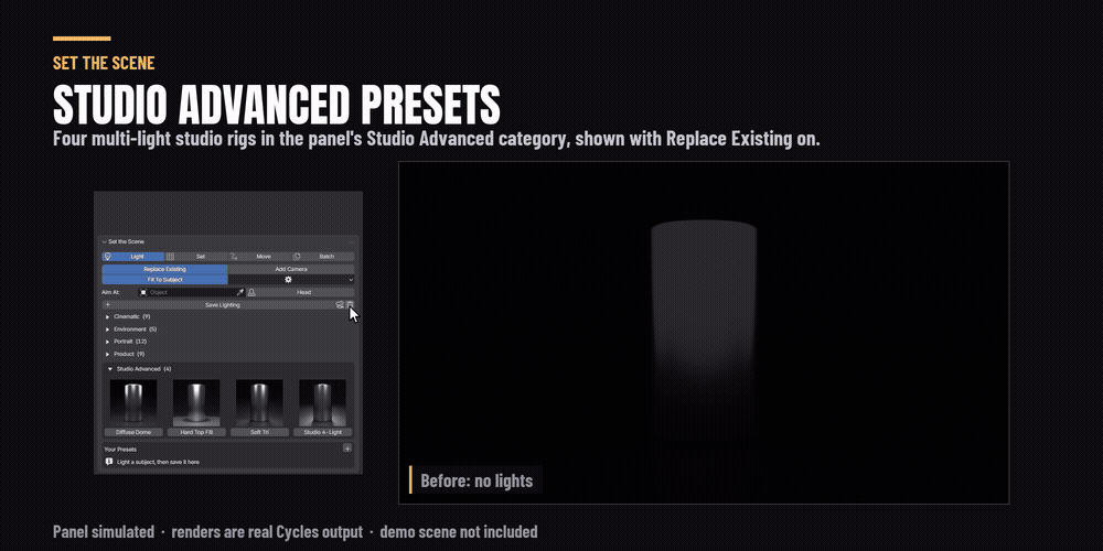 Clicking through the Studio Advanced lighting presets in the Set the Scene panel